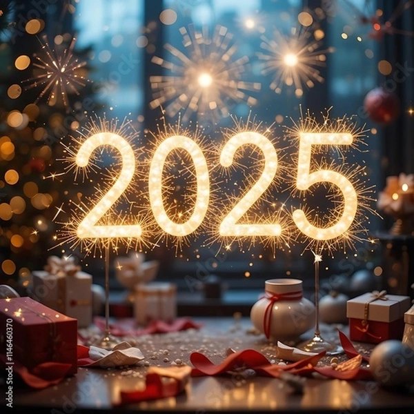 Obraz Sparkling New Year 2025: Festive New Year's Eve celebration with sparkling 2025 text, festive decor and fireworks in the background.  