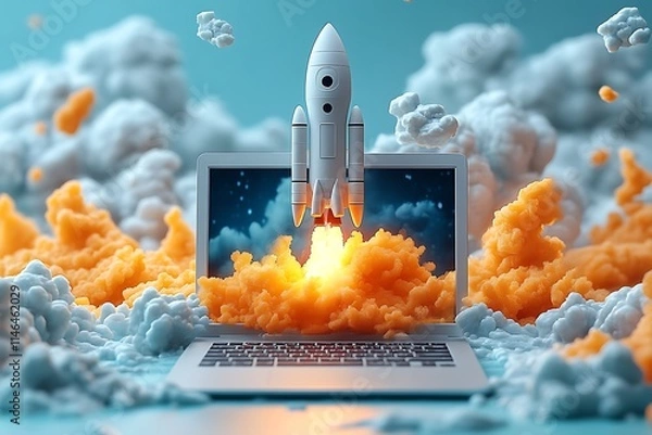 Fototapeta Futuristic Laptop Launch Concept with Rocket and Clouds