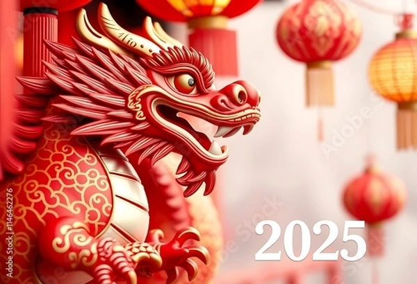 Obraz Red Dragon: 2025 Chinese New Year Celebration. A majestic red dragon figurine, symbolic of good fortune, stands against a backdrop of vibrant red lanterns.