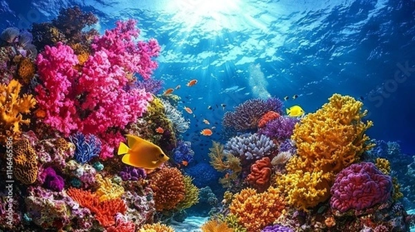 Fototapeta Sea coral reef and colorful fishes, sun rays penetrating surface - diverse underwater life , isolated on white background,  , copy space, copy space for text,