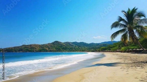 Obraz beach paradise, blue water, light sand, palm tree, tropical, summer, vacation, nature, coastal, sunny, island, ocean, landscape, relaxation, clear sky, holiday, exotic, peaceful, idyllic, travel, geta