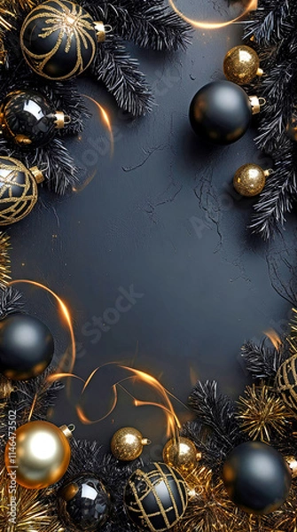 Fototapeta Christmas background design with gold and black balls. Vertical dark background with space for text. Vertical black Christmas background.
