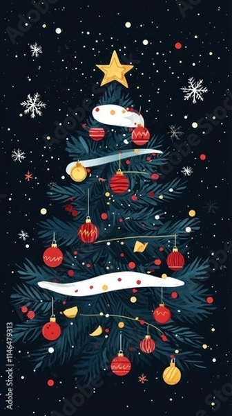Fototapeta Festive Christmas Tree Decorated With Ornaments And Snow