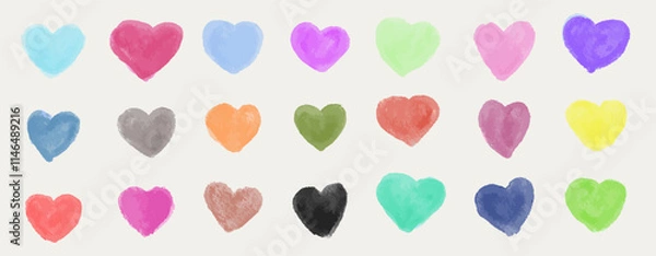 Fototapeta Banner with colorful watercolor hearts, hand gemalt with texture. Vector, isolated.