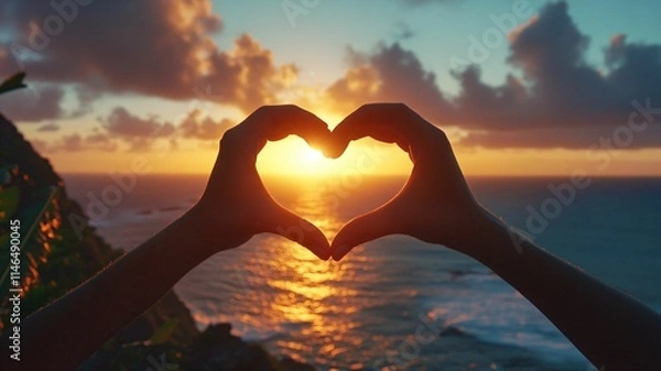 Fototapeta A Person's Hand is making Heart Shape with the sun shining background