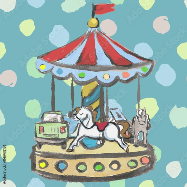Fototapeta Carousel hand draw. Vector, isolated. Watercolor texture. Childish, fun and interesting. Pastel colors.