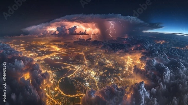 Fototapeta Intense thunderstorms with vivid lightning strikes over rural and urban landscapes, showcasing the dramatic impact of extreme weather phenomena and the growing influence of climate change