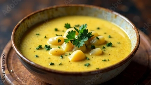 Fototapeta Creamy garlic potato soup with fresh parsley garnish in a rustic bowl