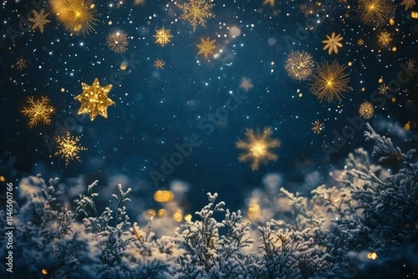 Fototapeta Amazing winter with snow, forest and starry sky with fireworks at night. New Year's and Christmas night with golden fireworks, creative idea. New Year 2025 party on the nature, card 