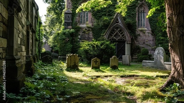 Fototapeta Serene Abandonment: Overgrown Graveyard and Church in Peaceful Reflection