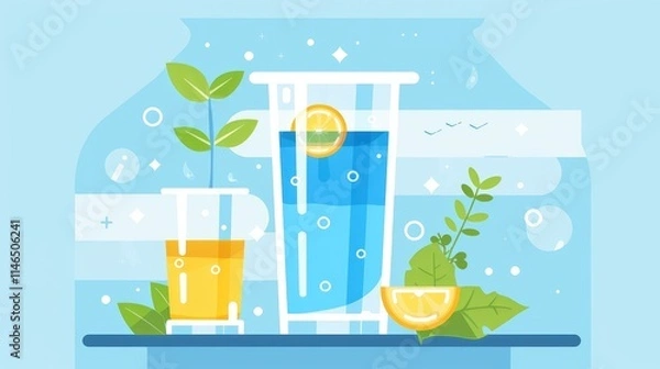 Fototapeta Refreshing Drinks with Lemon and Mint in Modern Artwork
