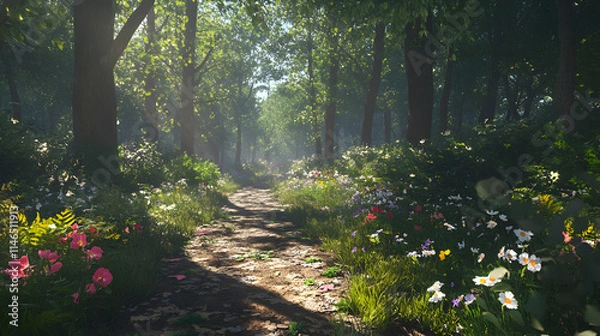 Fototapeta Serene forest path with colorful wildflowers.