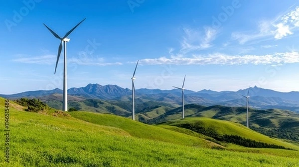 Fototapeta A scenic view of wind turbines on rolling green hills, under a clear blue sky, showcasing renewable energy and natural beauty.