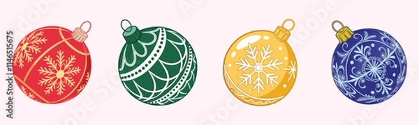 Fototapeta Christmas balls vector set design featuring ornaments with snowflake patterns, set against a white background, perfect for holiday season decoration. Vector illustration.