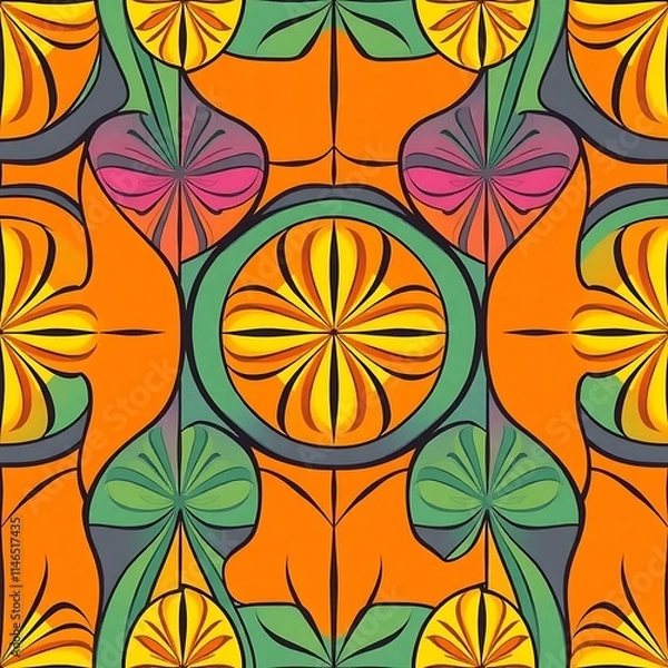 Fototapeta Vibrant Mandala Pattern:  A captivating seamless pattern featuring a kaleidoscope of orange, green, and pink floral designs, creating a mesmerizing and symmetrical artwork. Perfect for textile prints.