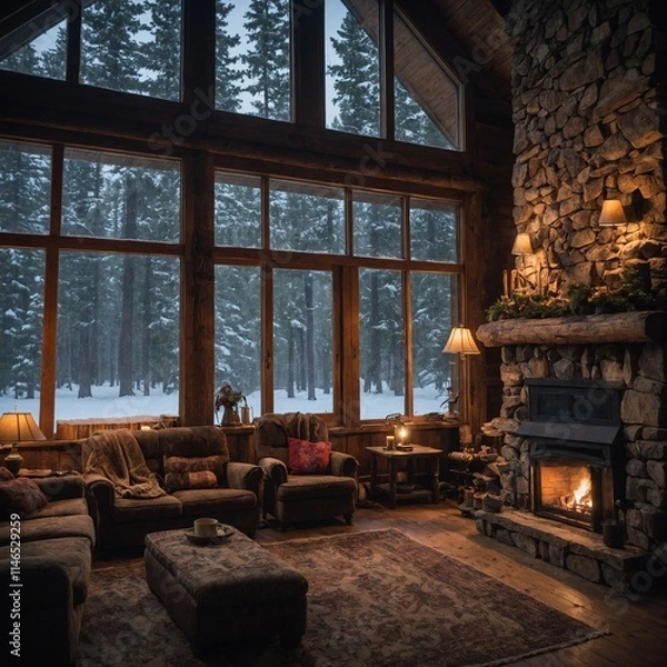 Fototapeta A cozy trivia contest in a rustic cabin in the woods, with a fireplace crackling, and snow gently falling outside the large glass windows.