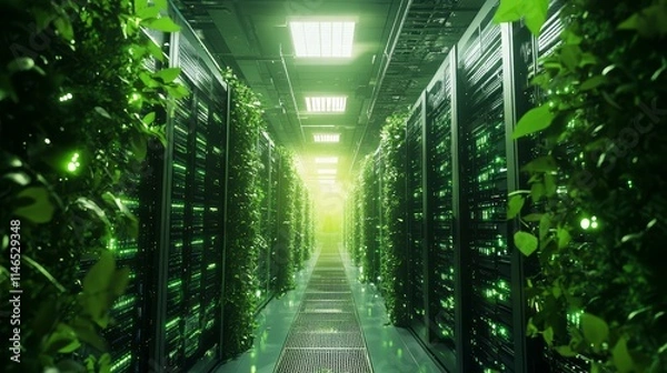 Obraz Green Data Center Servers with Growing Plants and Sustainable Technology