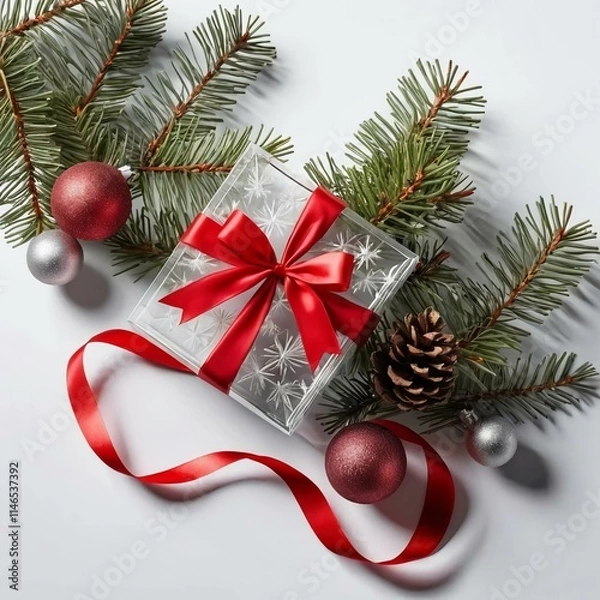 Obraz christmas gift with red ribbon and balls