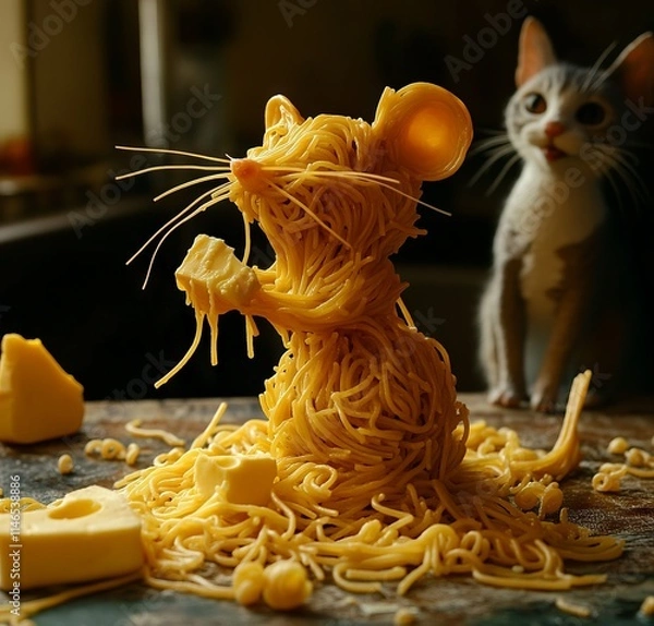 Obraz Spaghetti Mouse Eating Cheese Next to a Watching Cat, AI generated illustration.