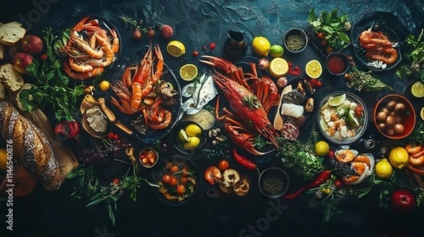Fototapeta Colorful Composition of Seafood Dishes on Dark Background with Copy Space, AI generated illustration.