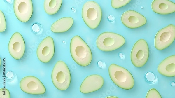 Fototapeta Flat Lay Pattern of Avocado Slices on Blue Background, AI generated illustration.
