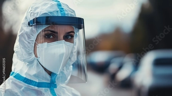 Obraz Healthcare Worker in Hazmat Suit and Face Shield Wearing Mask