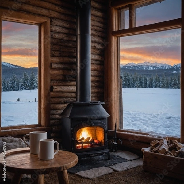 Fototapeta A cozy trivia evening by a warm fireplace in a log cabin, with a mug of hot cider on the table and a snow-covered landscape visible through the window.