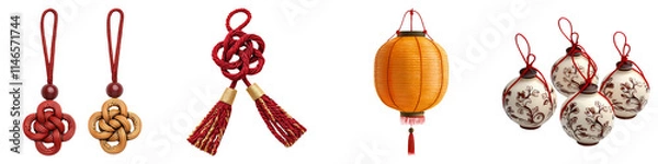 Fototapeta Chinese New Year clipart concept. Traditional decorative items including tassels, knots, and lanterns on a black background. on Transparent background.