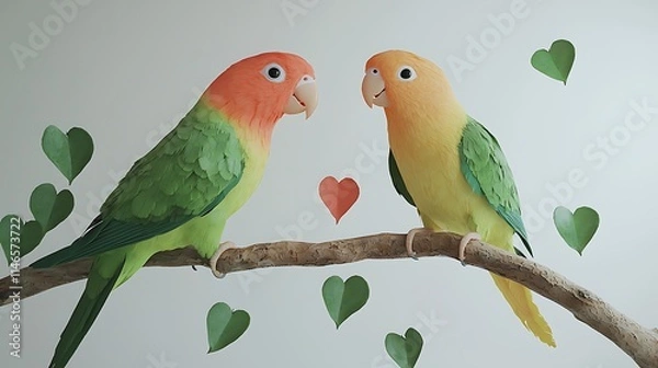 Fototapeta Romantic Lovebirds on Branch with Hearts