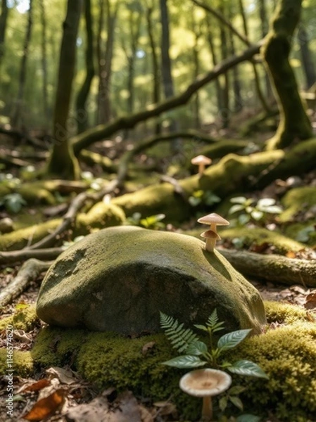 Fototapeta A moss-covered stone podium in a serene, damp forest—perfect for showcasing natural and organic products