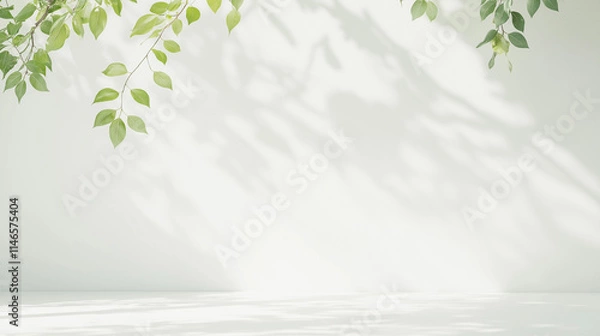 Obraz シンプルな白い壁と葉っぱ