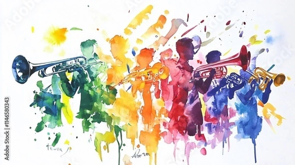 Obraz A Vibrant Watercolor Painting of a Brass Band: A symphony of color, capturing the energy and passion of music.