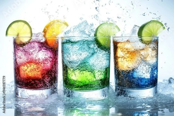Fototapeta Refreshing Colorful Cocktails with Citrus Slices and Ice Cubes on a Bright Background for a Summer Party or Bar Beverage Promotion