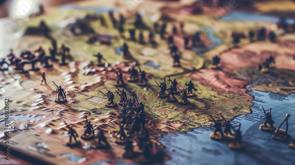 Fototapeta Military Strategy Map with Miniature Soldiers and Terrain Models on Wooden Table, Detailed Planning Scene