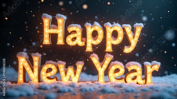 Obraz Happy New Year illuminated sign with snow. Concept of celebration, new beginnings, and winter holidays.