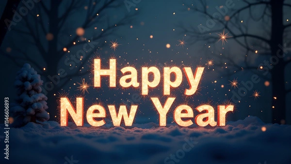 Obraz Happy New Year text in snow with bokeh lights. Concept of celebration and new beginnings.