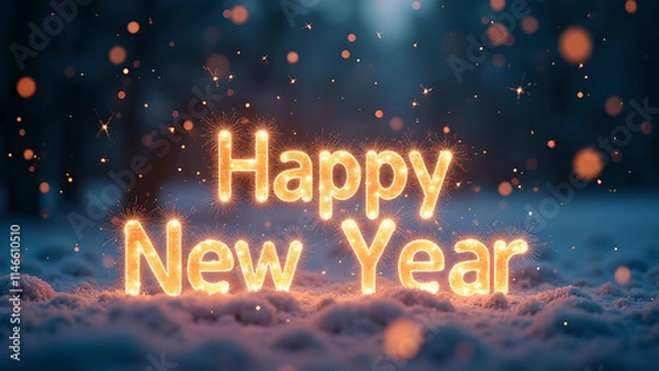 Obraz Happy New Year Celebration with Glowing Text and Bokeh Lights. Concept of New Year's Eve.