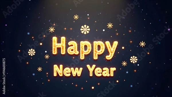Obraz Happy New Year golden text with snowflakes. Concept of celebration and new beginnings.