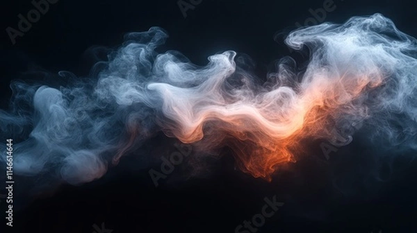 Fototapeta Abstract swirling smoke, orange and blue hues on black background.