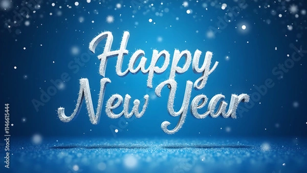 Fototapeta Happy New Year greeting on blue background with snow. Concept of celebration and new beginnings.