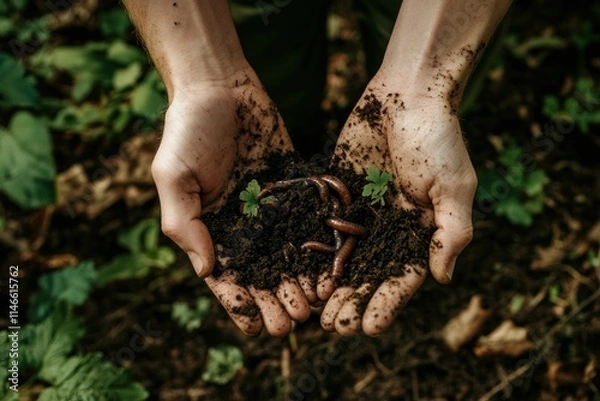Fototapeta Hands Holding Soil with Earthworms and Green Leaves, Emphasizing Nature's Gardening, Soil Health, and Importance of Composting in Sustainable Agriculture
