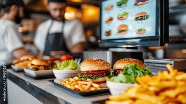 Obraz A display of delicious burgers and fries in a bustling restaurant, with staff preparing fresh meals in the background.