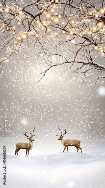 Obraz A snowy background featuring reindeer grazing under twinkling fairy lights.