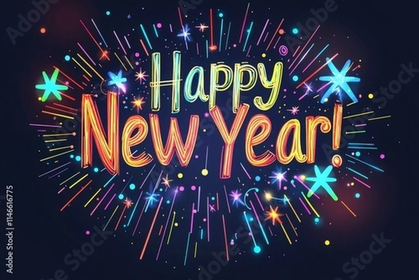 Fototapeta Colorful letters spell out Happy New Year surrounded by sparkling stars and fireworks. This festive design captures the excitement of a New Years celebration at midnight.
