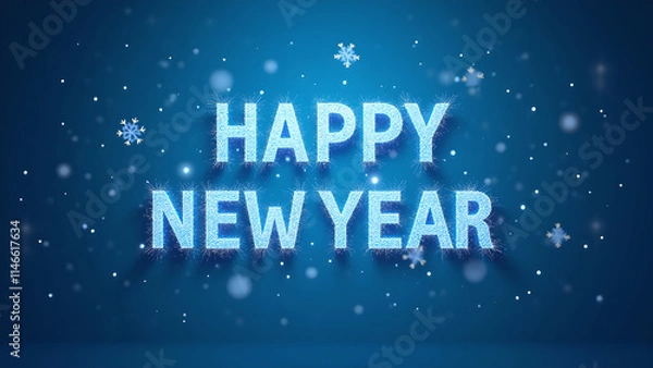 Obraz Happy New Year greeting on blue background with snowflakes. Concept of celebration and new beginnings.