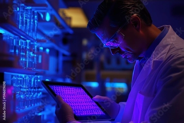 Fototapeta Scientist in laboratory examining research data on tablet under ambient purple and blue light, showcasing technology and innovation in scientific exploration.