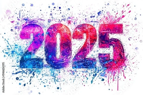 Fototapeta A large, artistic depiction of the year 2025 featuring a mix of bright pink, blue, and purple colors. The numbers are surrounded by playful splashes, creating an energetic and festive atmosphere.