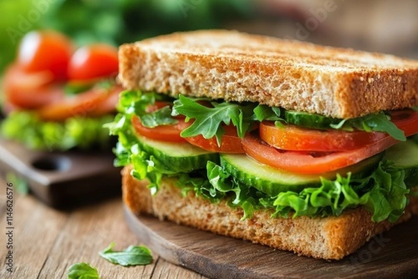 Fototapeta A fresh sandwich filled with lettuce, tomato, and cucumber on whole grain bread.