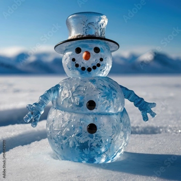 Fototapeta Cheerful snowman: a symbol of a winter fairy tale, celebration, and joy, adorned with a hat, scarf, and smile, amidst fluffy snow.