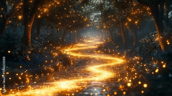 Fototapeta Magical glowing path winding through an enchanted forest at night.